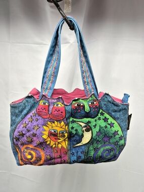 NWOT Laurel Burch Celestial Felines Canvas Medium Tote Bag Folk Art MysticalY2K